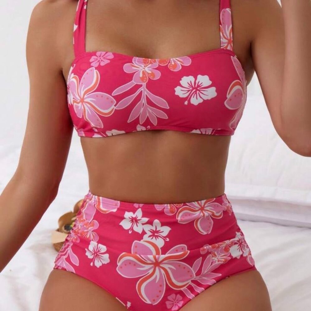 SHEIN Women Pink Hawaiian Floral Print Tie Shoulder Bikini Set Size M